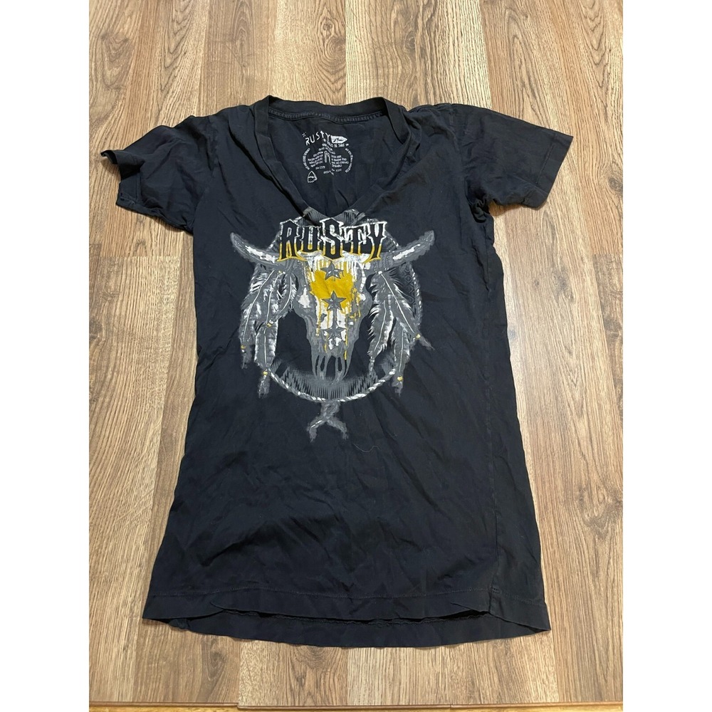 Rusty Shirt, Women's Size Medium, Black White Gray, V-neck, Graphic Print
